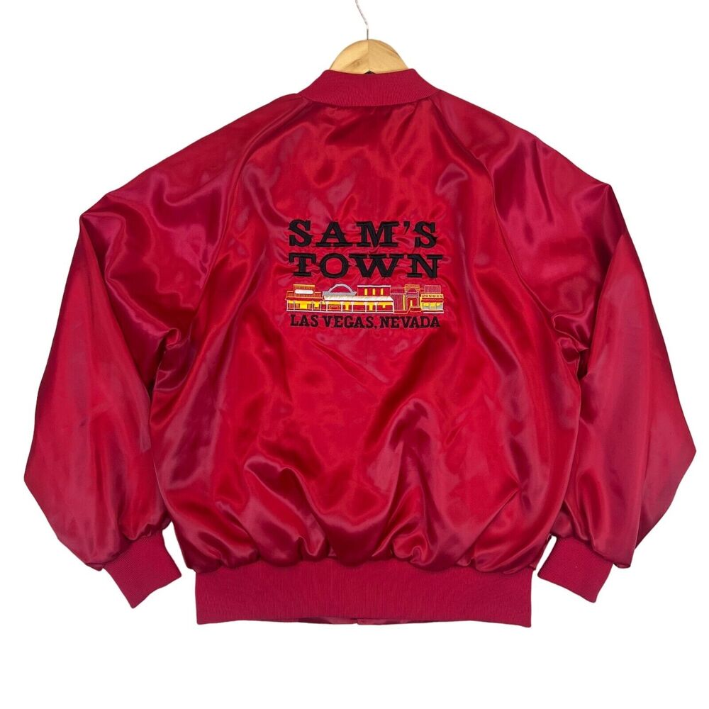 Vintage 80’s SAM’S TOWN Las Vegas ROYAL FLUSH CLUB Satin Bomber Jacket Sz L USA